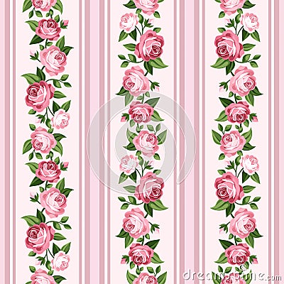 Vintage seamless stripped pattern with pink roses. Vector Illustration