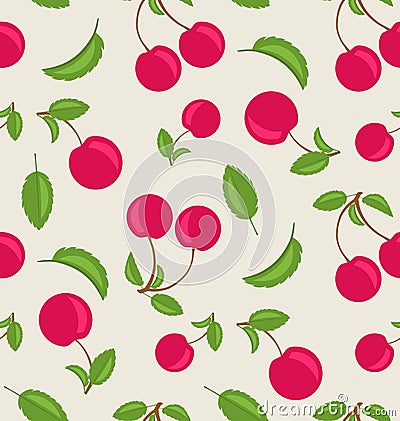 Vintage Seamless Wallpaper of Cherries with Green Leaves Vector Illustration