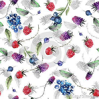Vintage seamless watercolor pattern. Berry set - raspberries, blackberries, Strawberry, wild strawberries,blueberry, currant. Hand Cartoon Illustration