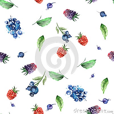 Vintage seamless watercolor pattern. Berry set - raspberries, blackberries, Strawberry, wild strawberries,blueberry, currant. Hand Cartoon Illustration