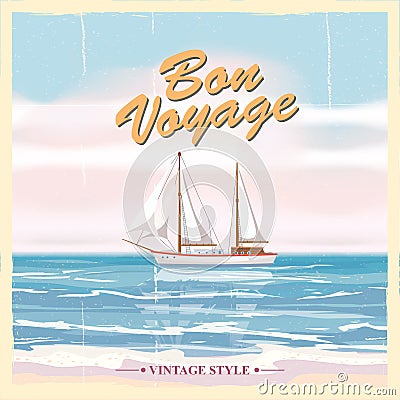 Vintage seaside summer view poster. Seascape, ship, vector background, illustrations Vector Illustration