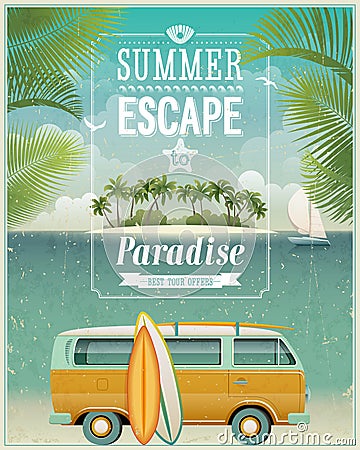 Vintage seaside view poster with surfing van. Vect Vector Illustration