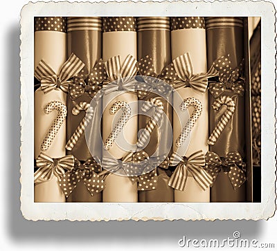 Vintage Sepia Christmas crackers background. Stock Photo