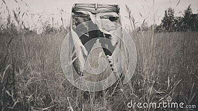 Vintage Sepia-toned Jeans Hanging In Tall Grass Stock Photo