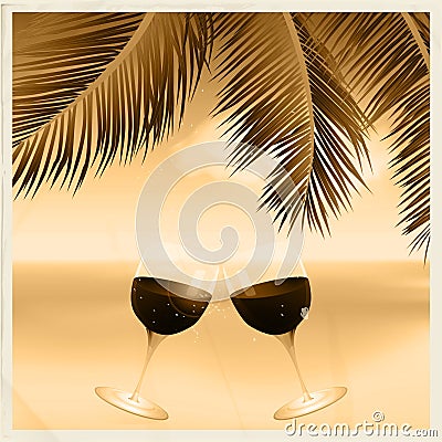 Vintage sepia tropical scene with wine glasses Stock Photo