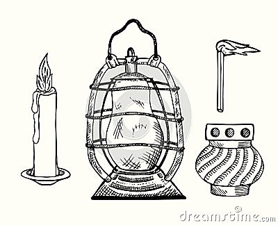 Vintage set: candle, kerosine vintage lamp, burning match, sanctuary lamp chancel or altar lamp, everlasting light hand drawn Cartoon Illustration