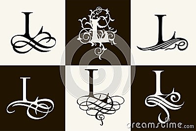 Vintage Set . Capital Letter L for Monograms and Logos. Beautiful Filigree Font. Victorian Style. Vector Illustration