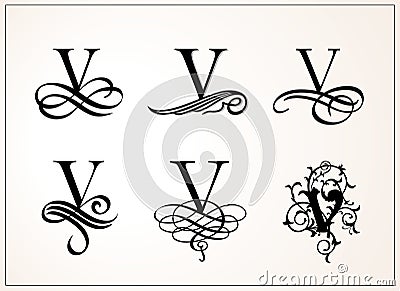 Vintage Set . Capital Letter V for Monograms and Logos. Beautiful Filigree Font. Victorian Style. Vector Illustration