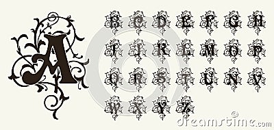 Vintage set capital letters, floral Monograms and beautiful filigree font. Art Deco, Nouveau, Modern style. Vector Illustration