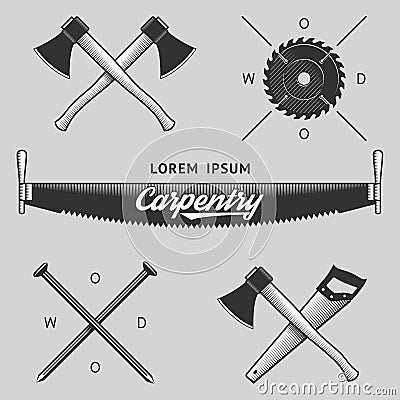 Vintage set of carpentry logos, labels and design elements. Stock . Vector Illustration