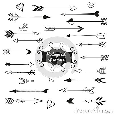 Vintage set of cute arrows and hearts. Vector Illustration