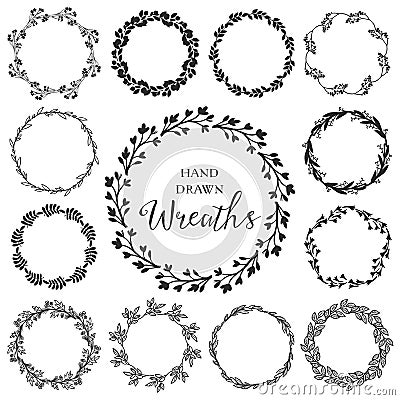 Vintage set of hand drawn rustic wreaths. Floral vector graphic. Vector Illustration