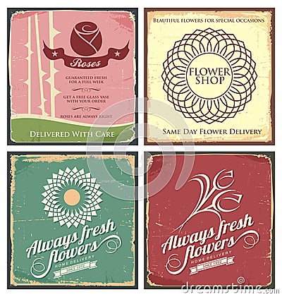 Vintage set of metal tin signs for flower shop Vector Illustration