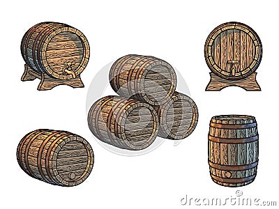 Vintage set of old wooden barrels for beer, wine, whisky, rum in different positions. Vector illustration Vector Illustration