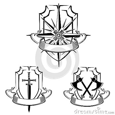 Vintage set of shields with a wind rose, sword and axes Vector Illustration