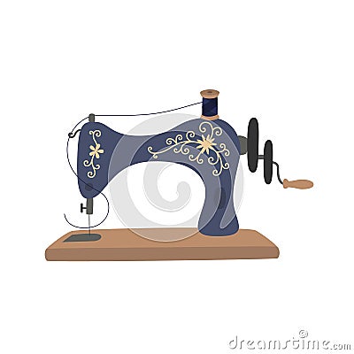 Vintage sewing machine with blue spool thread. Equipment for sew vogue clothes. Handmade Vector Illustration