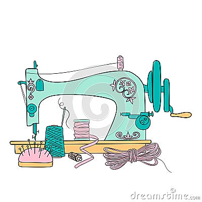 Vintage Sewing Machine vector illustration. Sewing threads silhouette ink pen. Hand drawn Cartoon Illustration