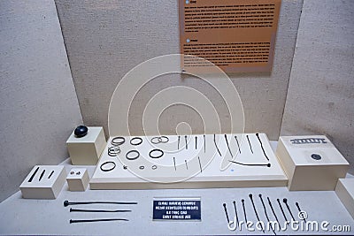 Vintage sewing needles. Exhibits of the museum of antiquities in Antalya Editorial Stock Photo