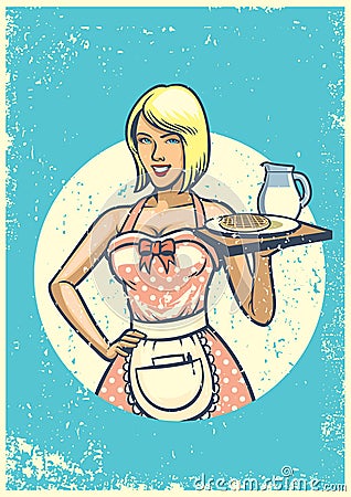 Vintage waitress presenting breakfast Vector Illustration