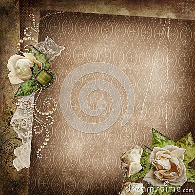 Vintage shabby background with faded roses, brooch and lace Stock Photo