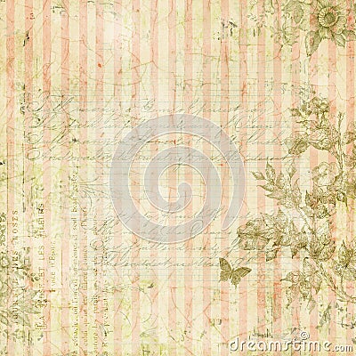 Vintage shabby chic pink striped background with floral frame and butterfly Stock Photo