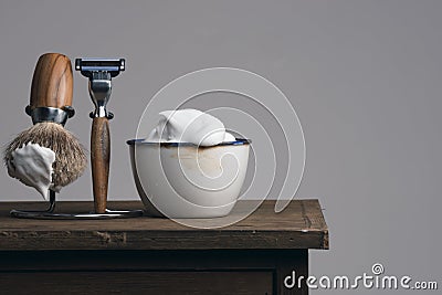 Vintage Shaving Equipment on wooden Table Stock Photo