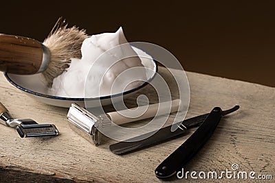 Vintage shaving Equipment on wooden Table Stock Photo