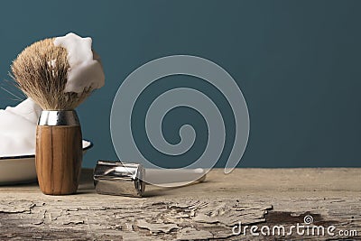 Vintage shaving Equipment on wooden Table Stock Photo