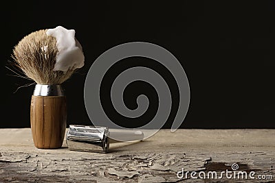 Vintage shaving Equipment on wooden Table Stock Photo