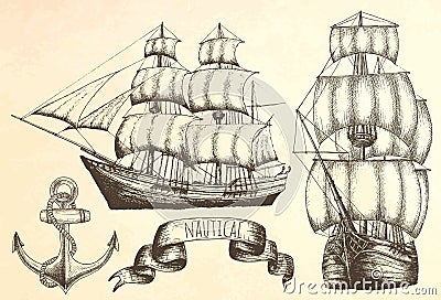 Vintage ship. Items on the marine theme. Vector Illustration