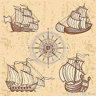 Vintage ships collection. Antique travel boat set Vector Illustration