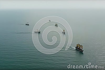 vintage ships at sea. Wooden sailboat sails in a storm at ocean. A mysterious boat in stormy waves. Neural network AI Stock Photo