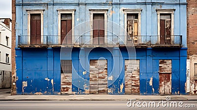 Vintage Shop Facade. Worn, Abandoned, and Mysterious with Fading Blue and White Paint Stock Photo