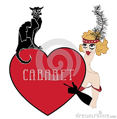 Vintage showgirl dancer with heart and black cat. Cabaret style, hand drawn illustration Vector Illustration