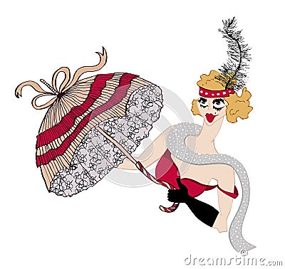 Vintage showgirl dancer with umbrella. Cabaret style, hand drawn illustration Vector Illustration