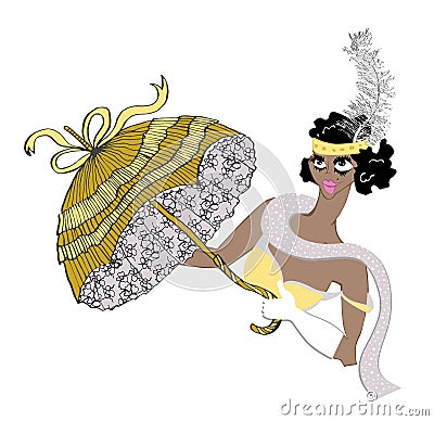 Vintage showgirl dancer with umbrella and dark skin. Cabaret style, hand drawn illustration Vector Illustration