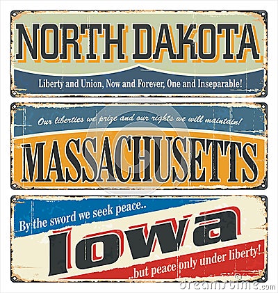 Vintage sign collection with US state. North Dakota. Massachusetts. Iowa. Retro souvenirs or postcard templates on rust backgroun Vector Illustration