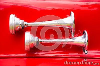 Vintage signal horn on a historic fire truck Stock Photo
