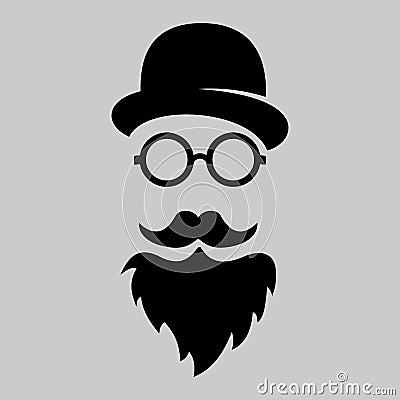 Vintage silhouette of bowler, mustaches, glasses. Vector illustration of gentleman or hipster. Retro gentleman icon. Logo Cartoon Illustration