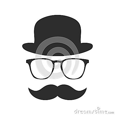 Vintage silhouette of bowler, mustaches, glasses. Vector illustration of gentleman or hipster Cartoon Illustration