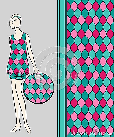 Vintage silhouette of girl with bag. Vector Illustration