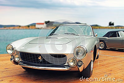 Vintage silver car Ferrari close up. Editorial Stock Photo