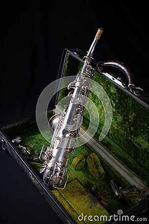 Vintage 1929 Silver Conn soprano sax back view Stock Photo