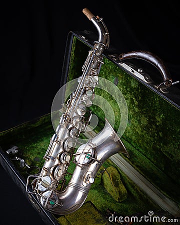 Vintage 1929 Silver Conn soprano sax front view 2 Stock Photo