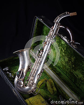 Vintage 1929 Silver Conn soprano sax side view Stock Photo