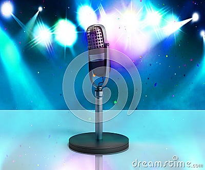 Vintage silver microphone karaoke background 3d illustration Cartoon Illustration