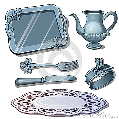 Vintage silver tableware. Set of antique luxury dish decorated with floral ornament and dragonfly Vector Illustration