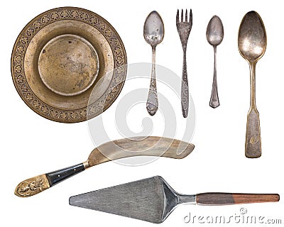Vintage Silverware, antique spoons, forks, knives, ladle, cake shovels isolated on isolated white background. Antique silverware. Stock Photo