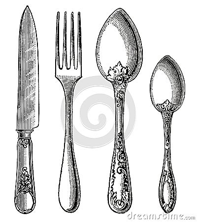 Vintage silverware. Knife, Fork and Spoon Stock Photo