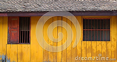 Vintage simple wood house with yellow wooden wall and rustic Stock Photo